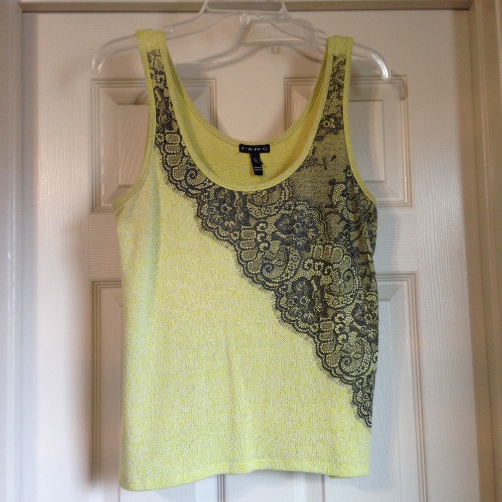 Chartreuse green black lace graphic tank top